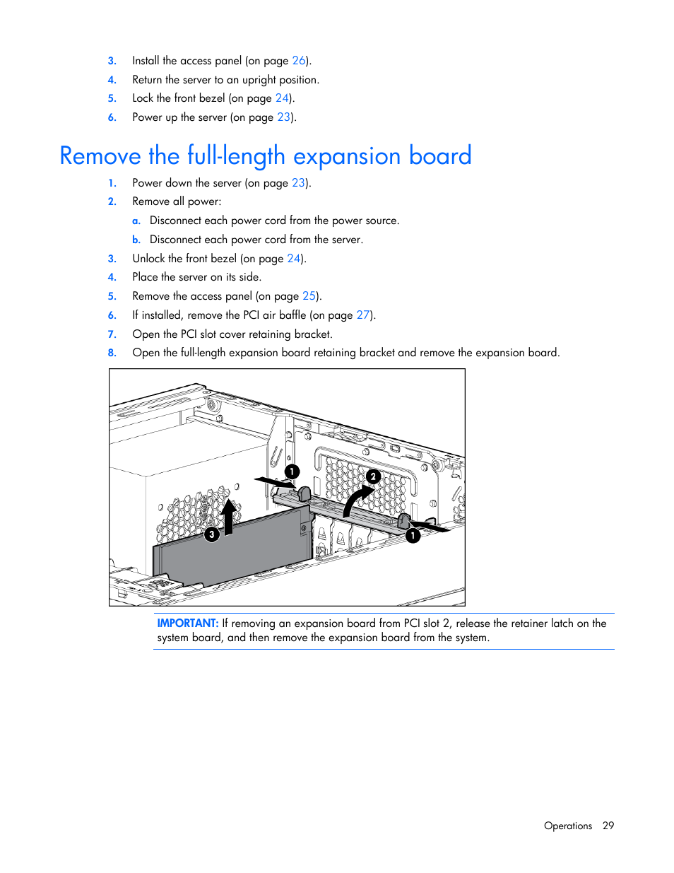 Remove the full-length expansion board | HP ProLiant ML350e Gen8 v2-Server User Manual | Page 29 / 129