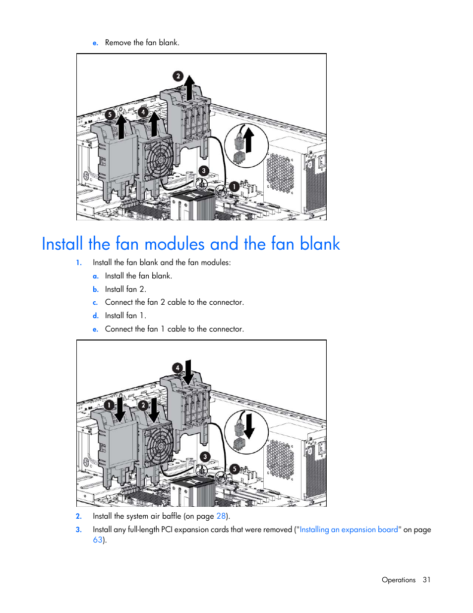 Install the fan modules and the fan blank | HP ProLiant ML350e Gen8 v2-Server User Manual | Page 31 / 129