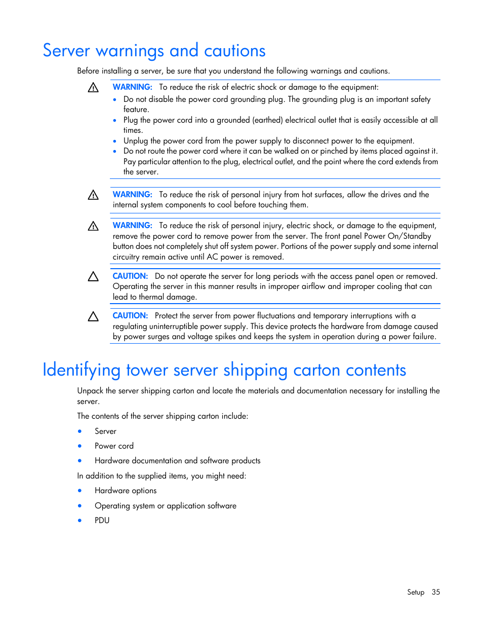 Server warnings and cautions, Identifying tower server shipping carton contents | HP ProLiant ML350e Gen8 v2-Server User Manual | Page 35 / 129
