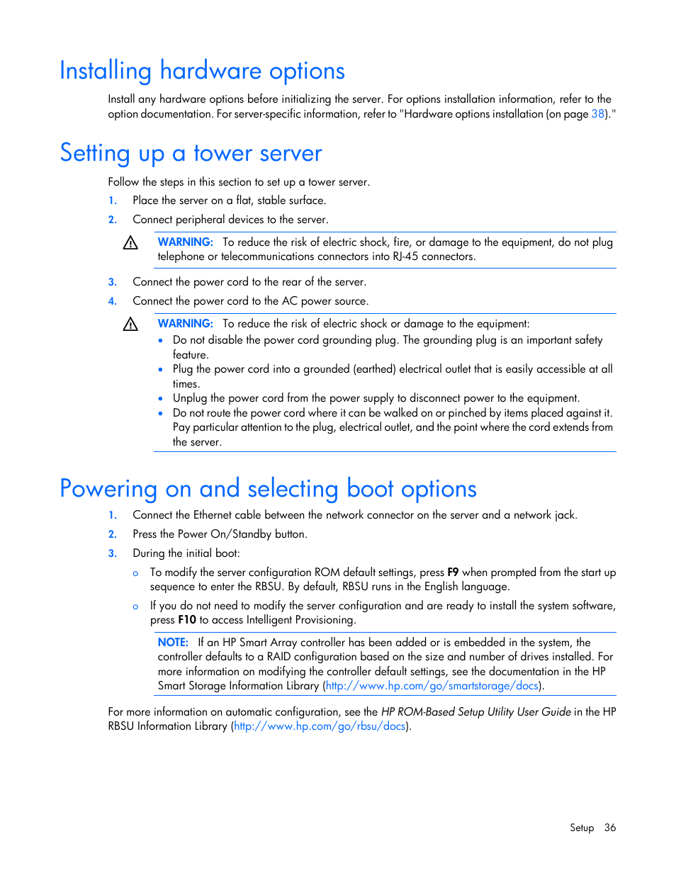 Installing hardware options, Setting up a tower server, Powering on and selecting boot options | HP ProLiant ML350e Gen8 v2-Server User Manual | Page 36 / 129
