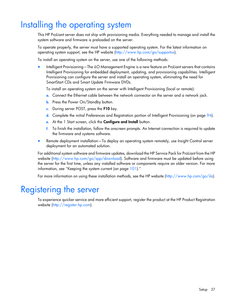 Installing the operating system, Registering the server | HP ProLiant ML350e Gen8 v2-Server User Manual | Page 37 / 129
