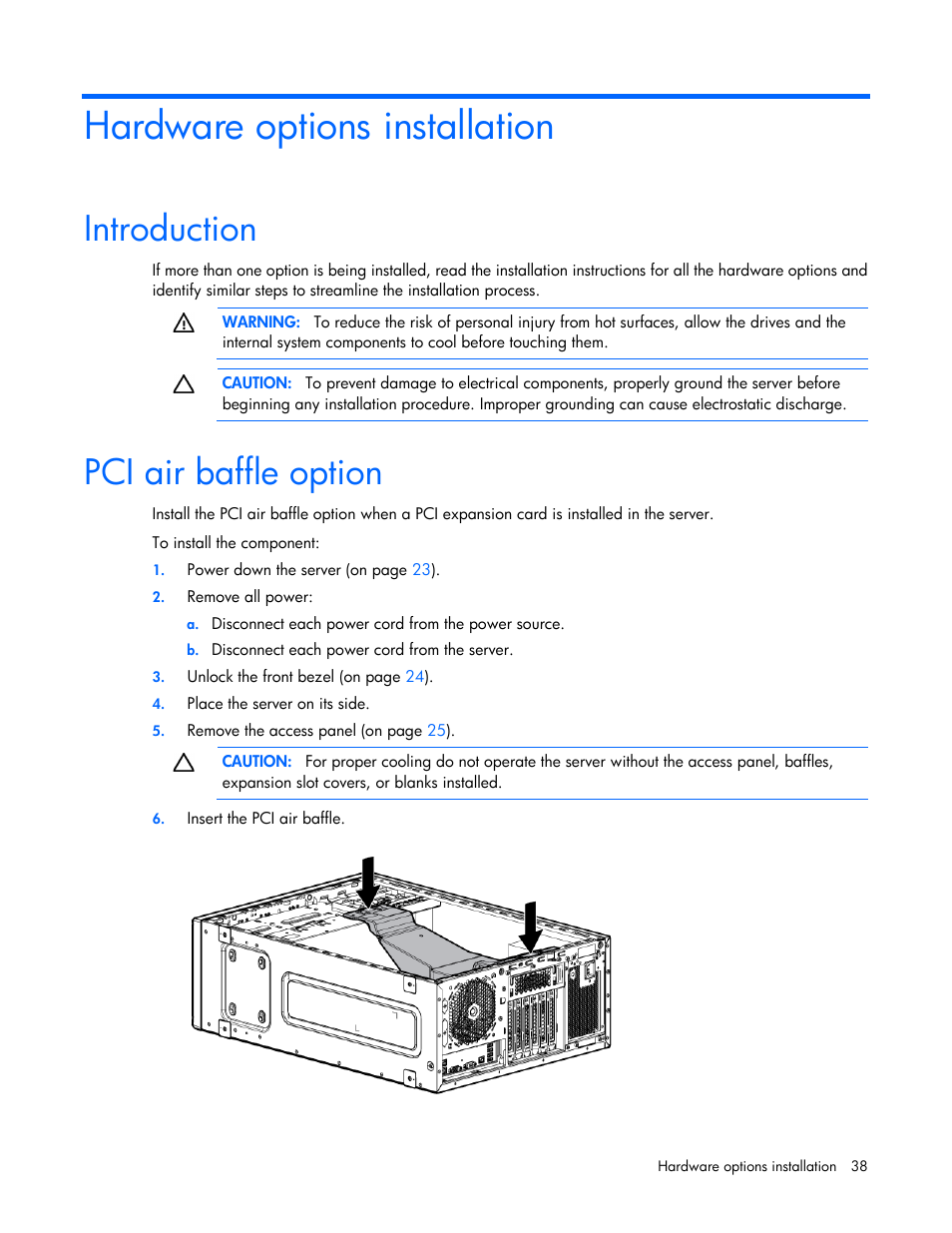 Hardware options installation, Introduction, Pci air baffle option | HP ProLiant ML350e Gen8 v2-Server User Manual | Page 38 / 129