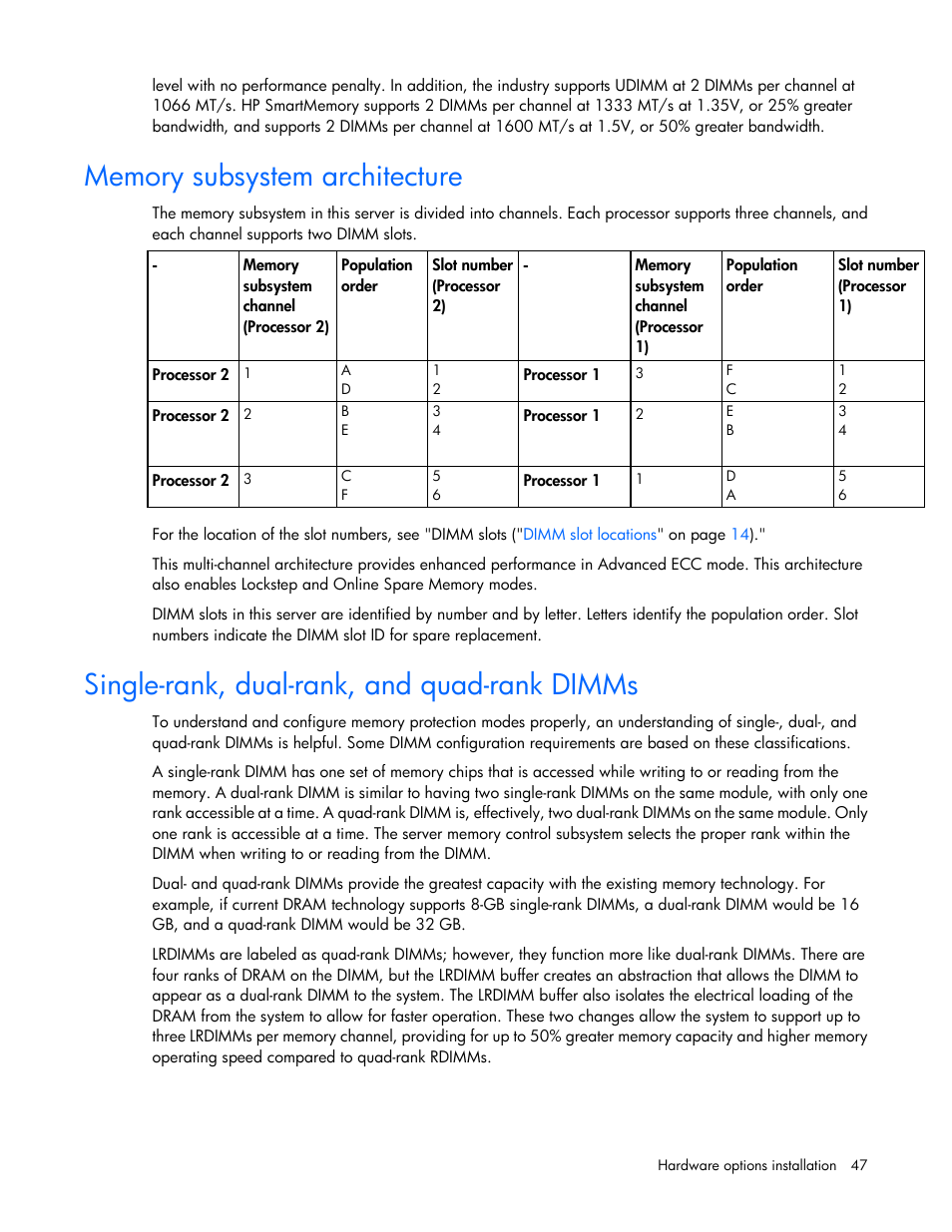 Memory subsystem architecture, Single-rank, dual-rank, and quad-rank dimms | HP ProLiant ML350e Gen8 v2-Server User Manual | Page 47 / 129