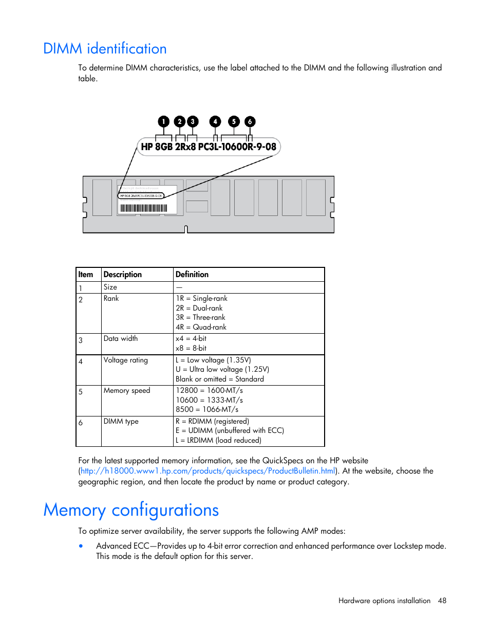 Dimm identification, Memory configurations | HP ProLiant ML350e Gen8 v2-Server User Manual | Page 48 / 129