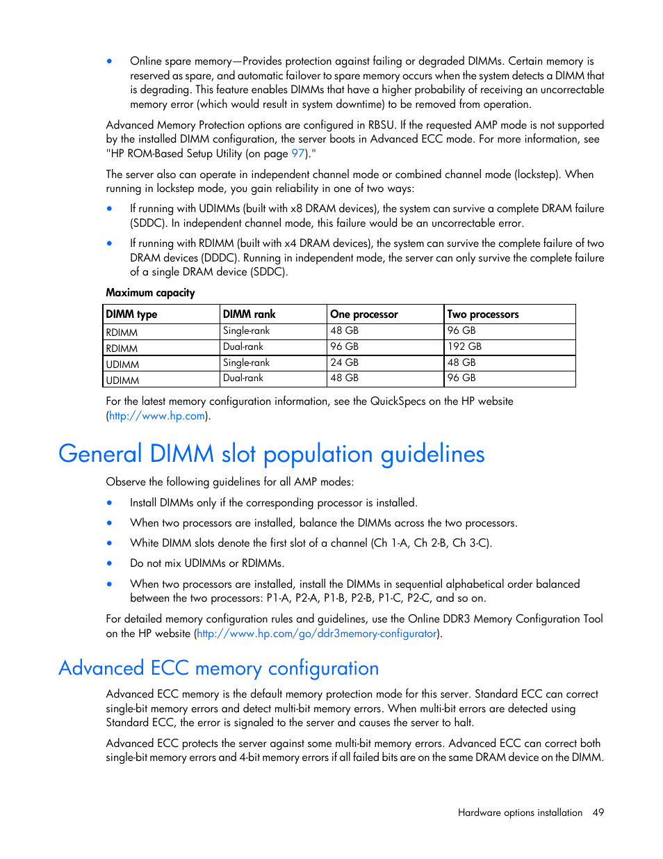 General dimm slot population guidelines, Advanced ecc memory configuration | HP ProLiant ML350e Gen8 v2-Server User Manual | Page 49 / 129
