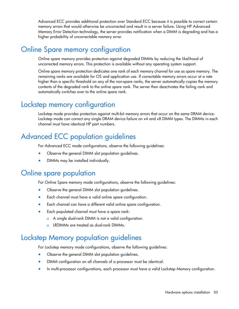 Online spare memory configuration, Lockstep memory configuration, Advanced ecc population guidelines | Online spare population, Lockstep memory population guidelines | HP ProLiant ML350e Gen8 v2-Server User Manual | Page 50 / 129