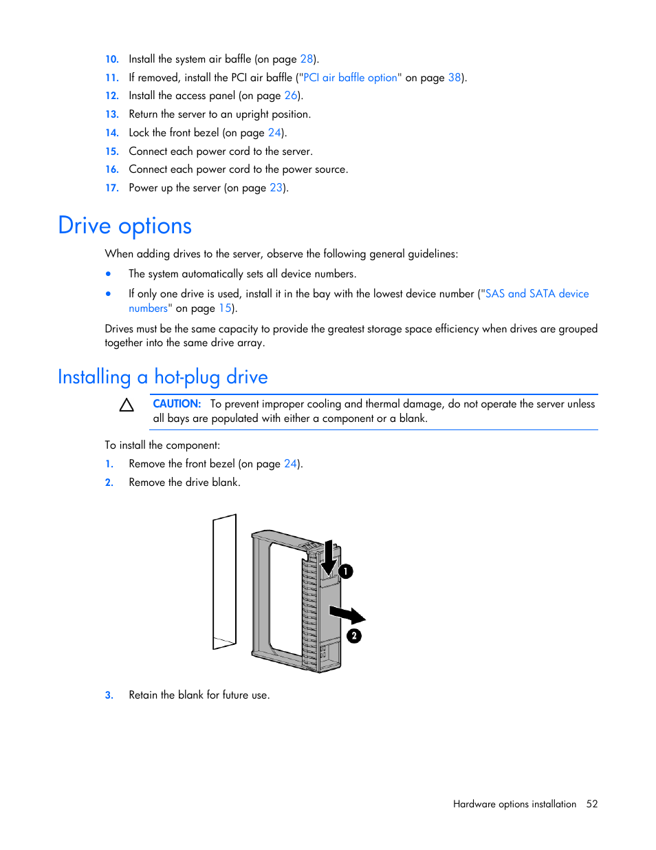 Drive options, Installing a hot-plug drive | HP ProLiant ML350e Gen8 v2-Server User Manual | Page 52 / 129