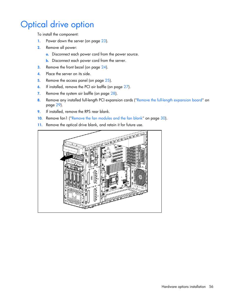 Optical drive option | HP ProLiant ML350e Gen8 v2-Server User Manual | Page 56 / 129