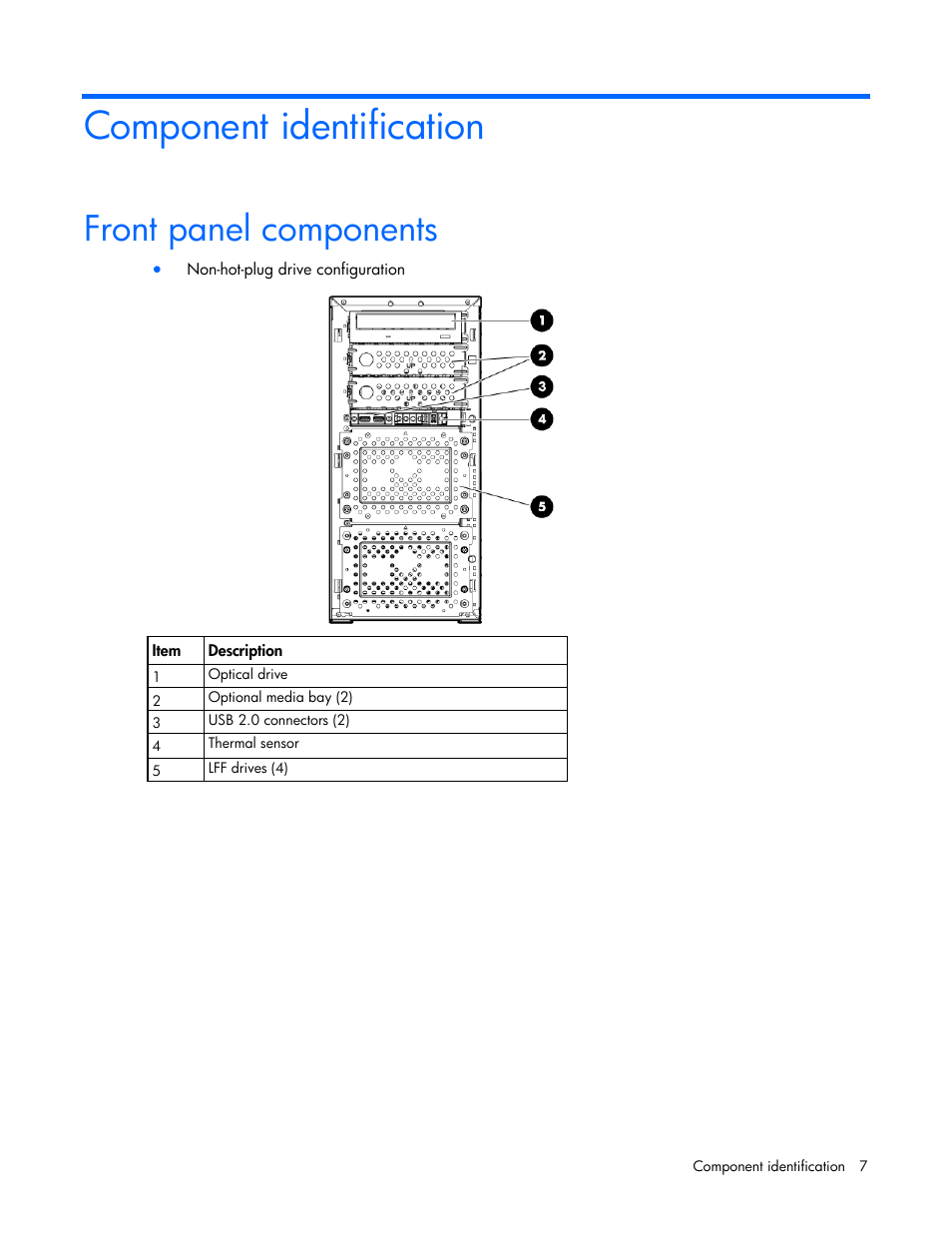 Component identification, Front panel components | HP ProLiant ML350e Gen8 v2-Server User Manual | Page 7 / 129