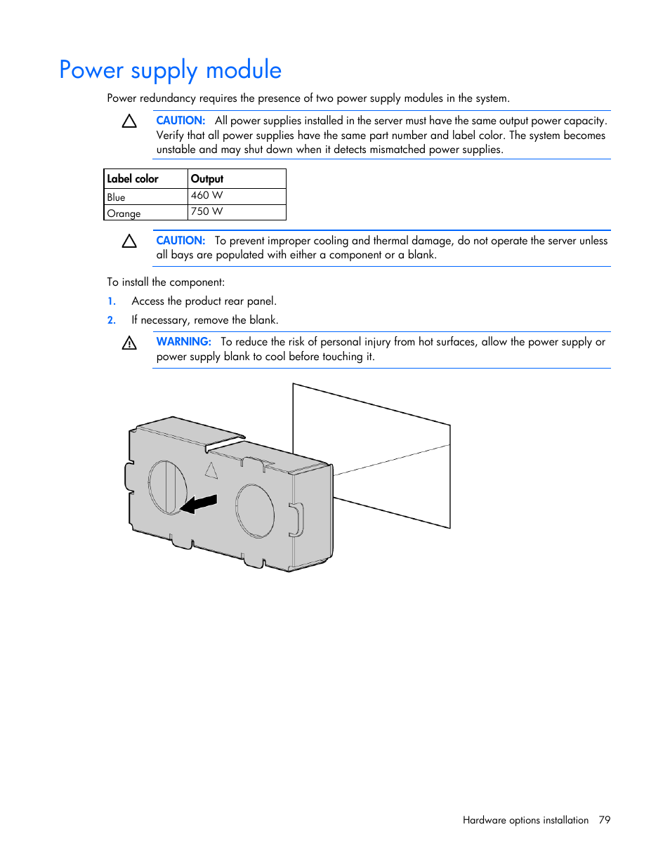 Power supply module, Power, Supply module | HP ProLiant ML350e Gen8 v2-Server User Manual | Page 79 / 129
