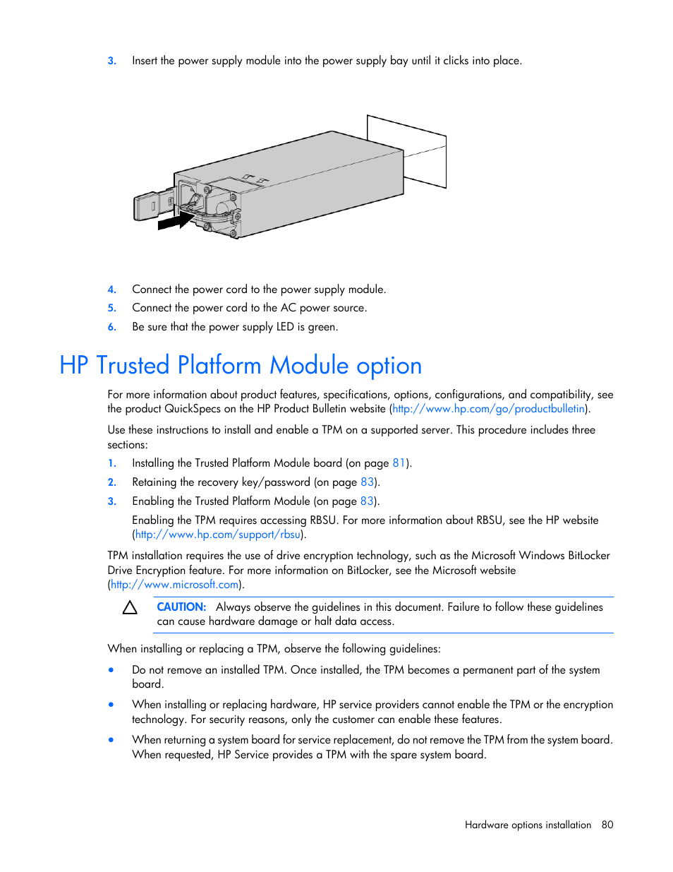 Hp trusted platform module option | HP ProLiant ML350e Gen8 v2-Server User Manual | Page 80 / 129