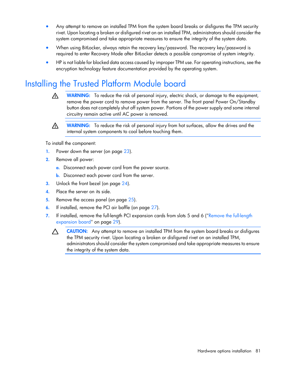 Installing the trusted platform module board | HP ProLiant ML350e Gen8 v2-Server User Manual | Page 81 / 129