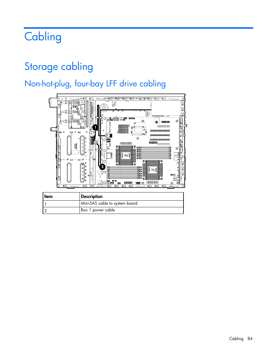 Cabling, Storage cabling, Non-hot-plug, four-bay lff drive cabling | HP ProLiant ML350e Gen8 v2-Server User Manual | Page 84 / 129