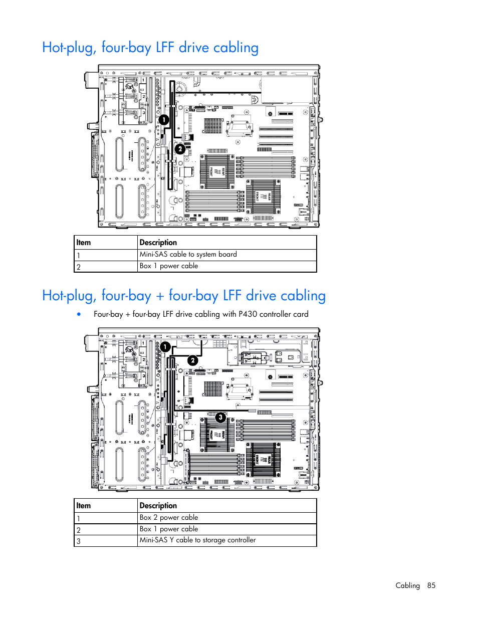 Hot-plug, four-bay lff drive cabling, Hot-plug, four-bay + four-bay lff drive cabling | HP ProLiant ML350e Gen8 v2-Server User Manual | Page 85 / 129
