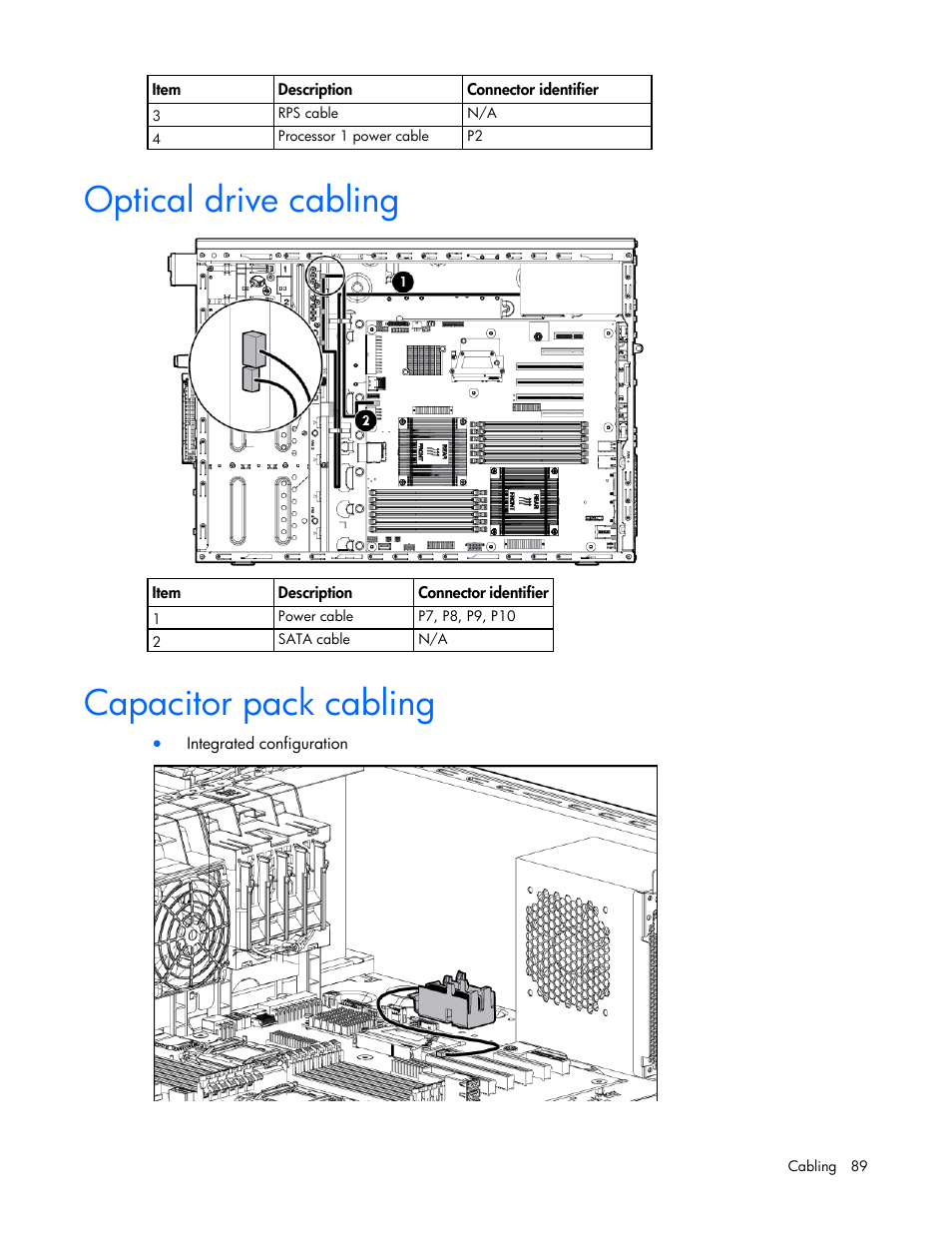Optical drive cabling, Capacitor pack cabling | HP ProLiant ML350e Gen8 v2-Server User Manual | Page 89 / 129