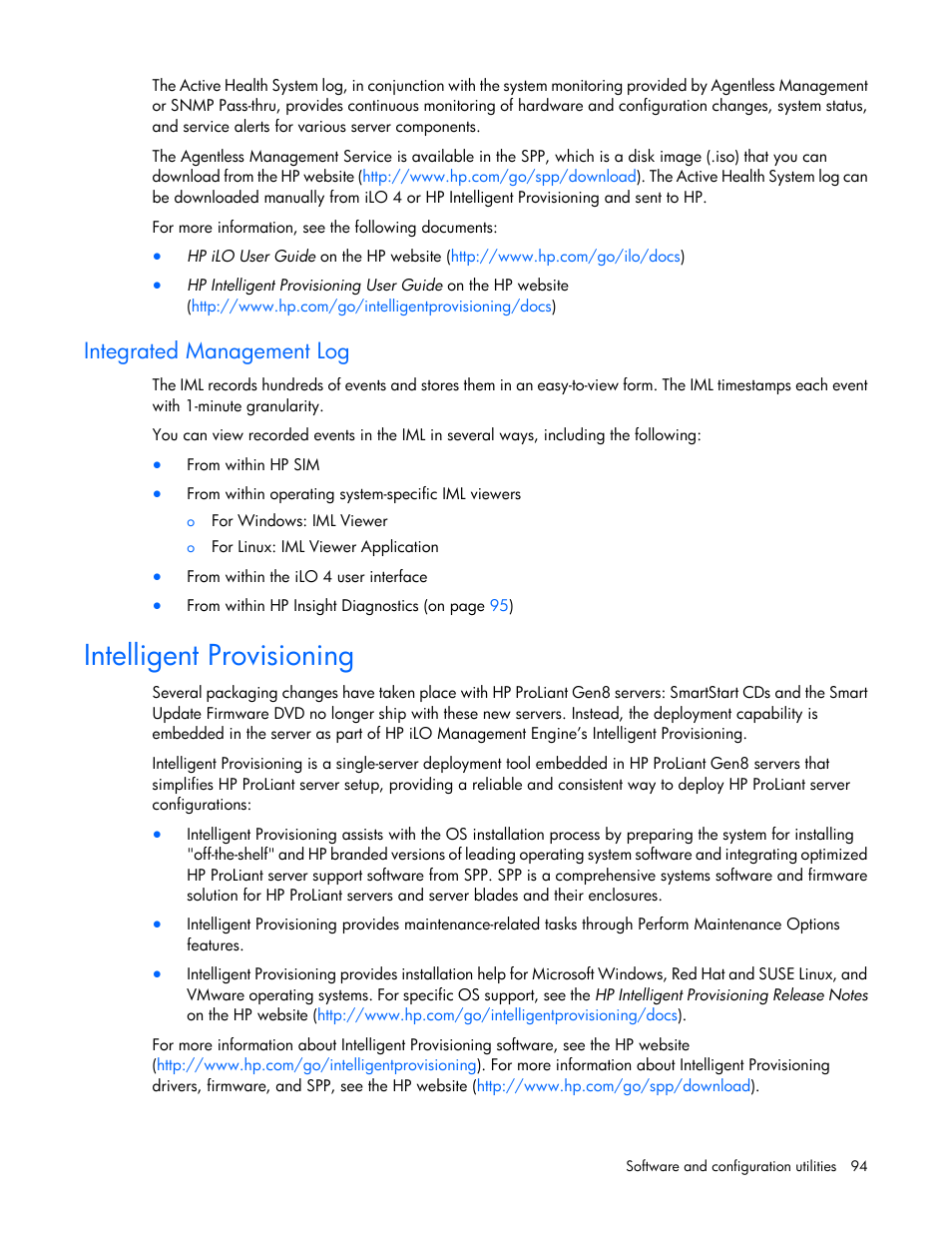 Integrated management log, Intelligent provisioning | HP ProLiant ML350e Gen8 v2-Server User Manual | Page 94 / 129