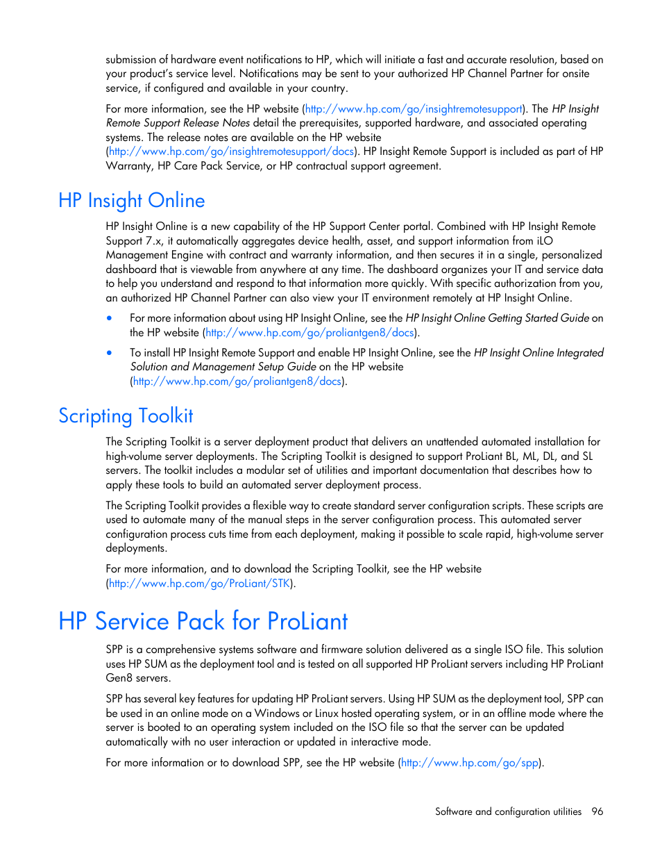 Hp insight online, Scripting toolkit, Hp service pack for proliant | HP ProLiant ML350e Gen8 v2-Server User Manual | Page 96 / 129