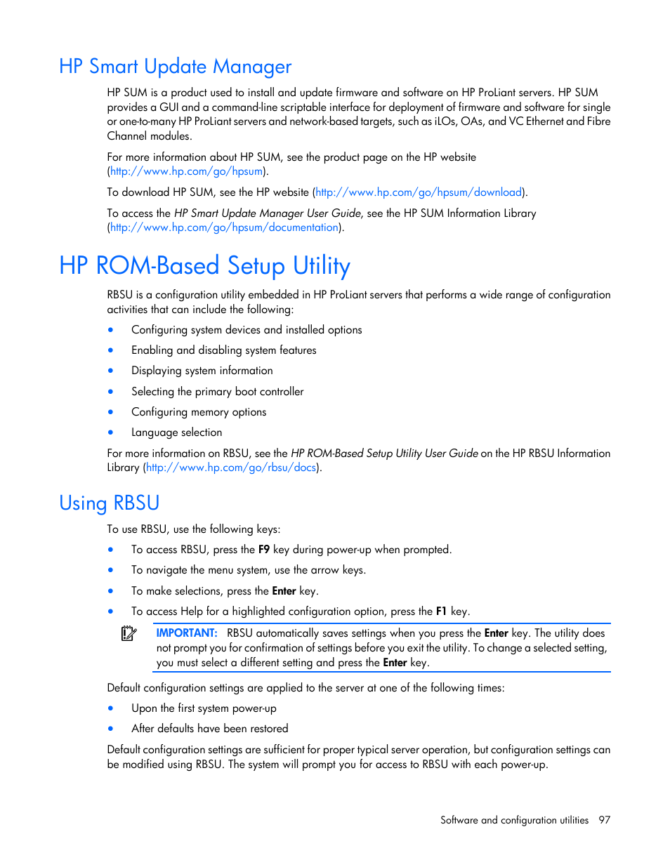 Hp smart update manager, Hp rom-based setup utility, Using rbsu | HP ProLiant ML350e Gen8 v2-Server User Manual | Page 97 / 129