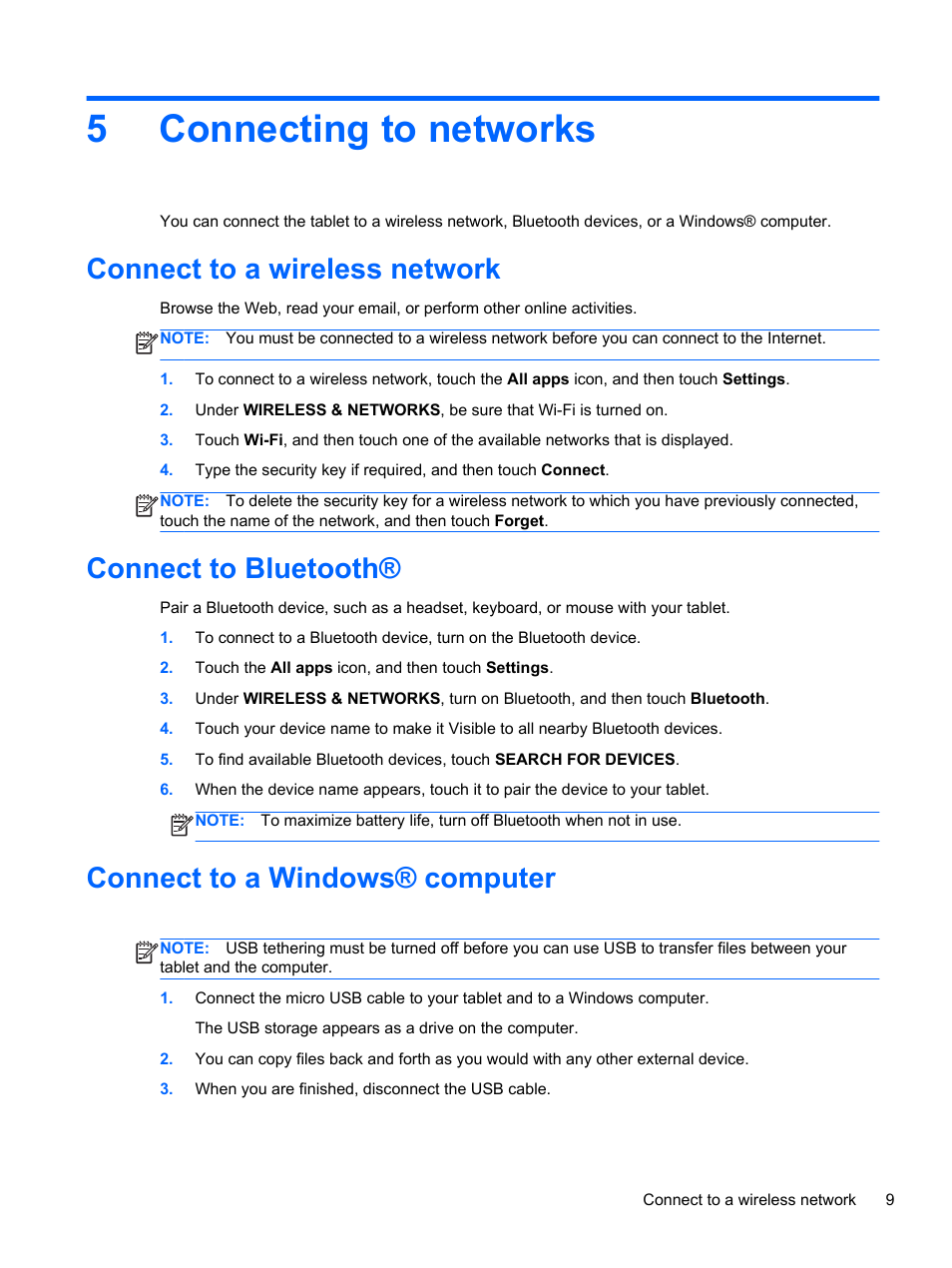 Connecting to networks, Connect to a wireless network, Connect to bluetooth | Connect to a windows® computer, 5 connecting to networks, 5connecting to networks | HP 7 1800 Tablet User Manual | Page 13 / 19