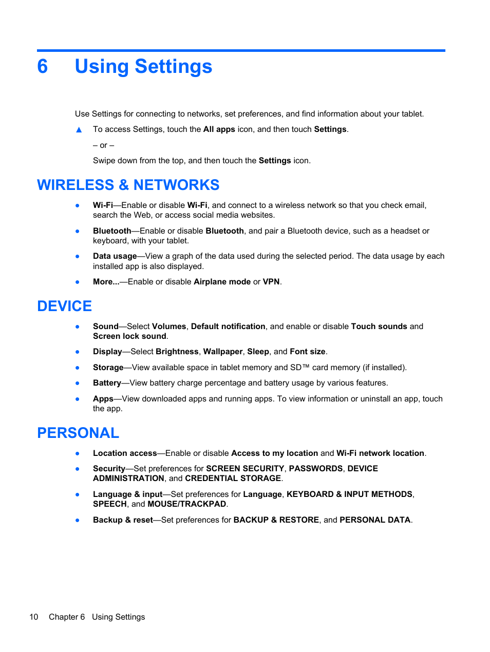 Using settings, Wireless & networks, Device | Personal, 6 using settings, Wireless & networks device personal, 6using settings | HP 7 1800 Tablet User Manual | Page 14 / 19