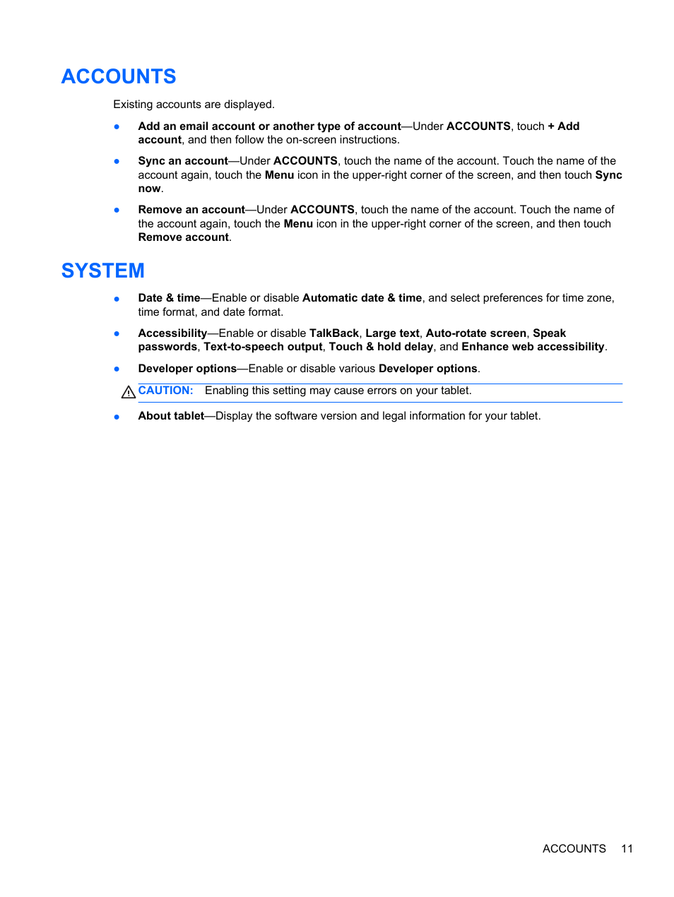 Accounts, System, Accounts system | HP 7 1800 Tablet User Manual | Page 15 / 19