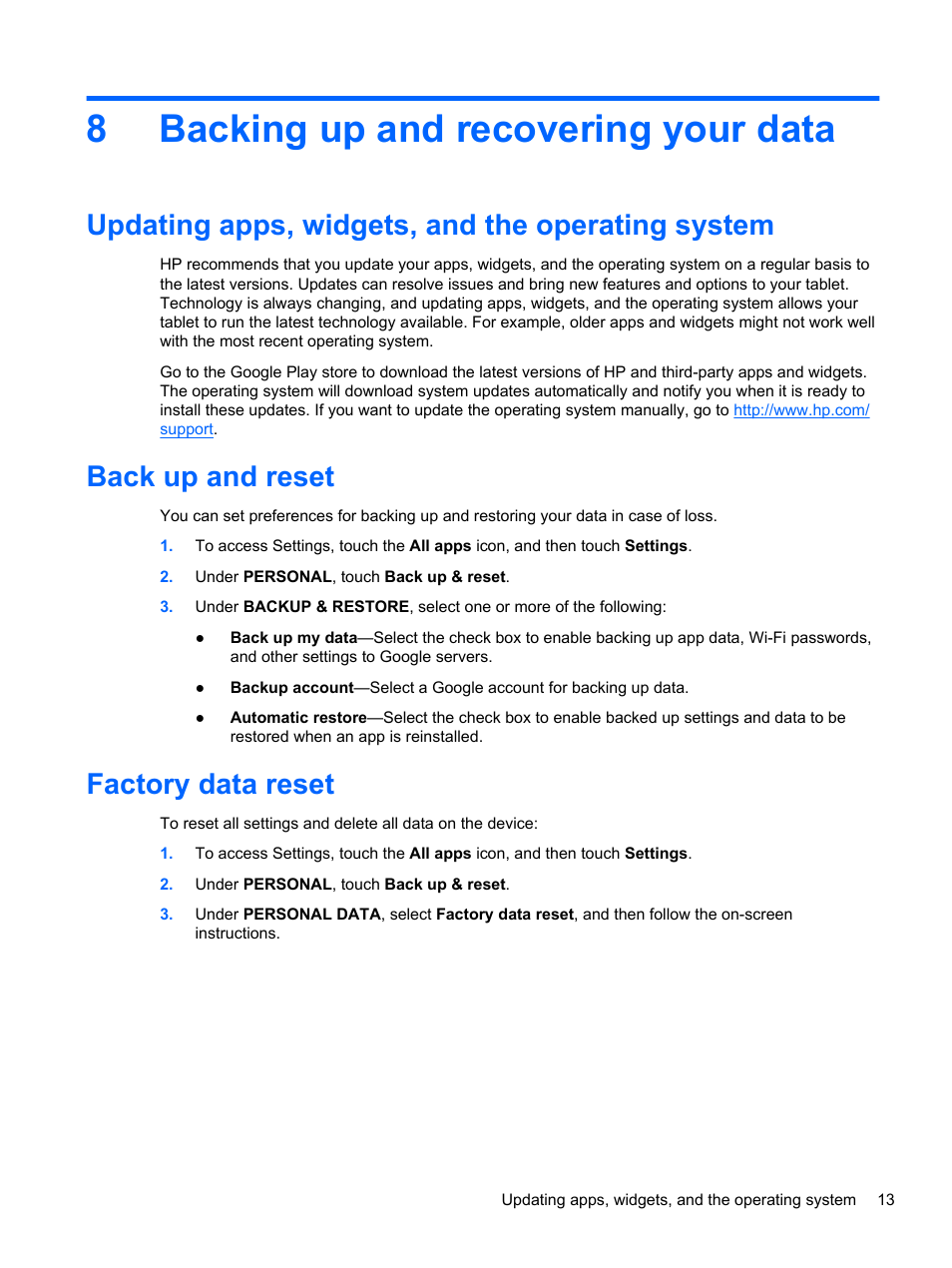 Backing up and recovering your data, Updating apps, widgets, and the operating system, Back up and reset | Factory data reset, 8 backing up and recovering your data, 8backing up and recovering your data | HP 7 1800 Tablet User Manual | Page 17 / 19