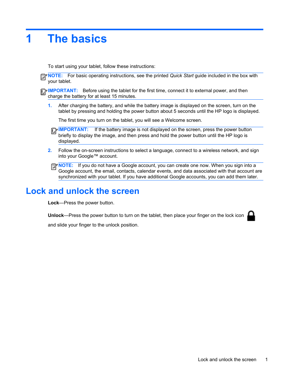 The basics, Lock and unlock the screen, 1 the basics | 1the basics | HP 7 1800 Tablet User Manual | Page 5 / 19