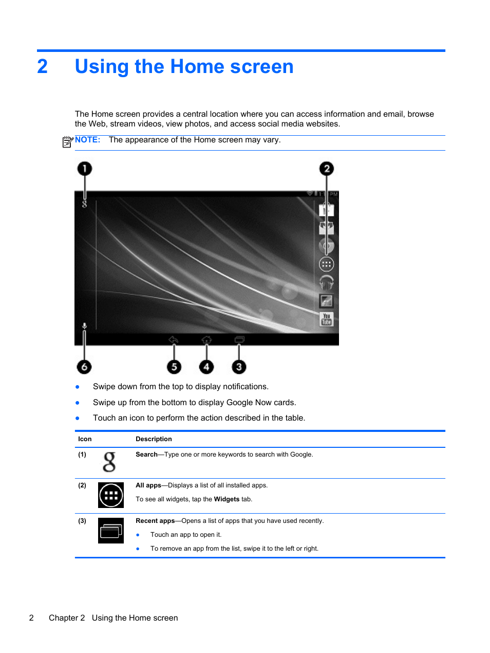 Using the home screen, 2 using the home screen, 2using the home screen | HP 7 1800 Tablet User Manual | Page 6 / 19