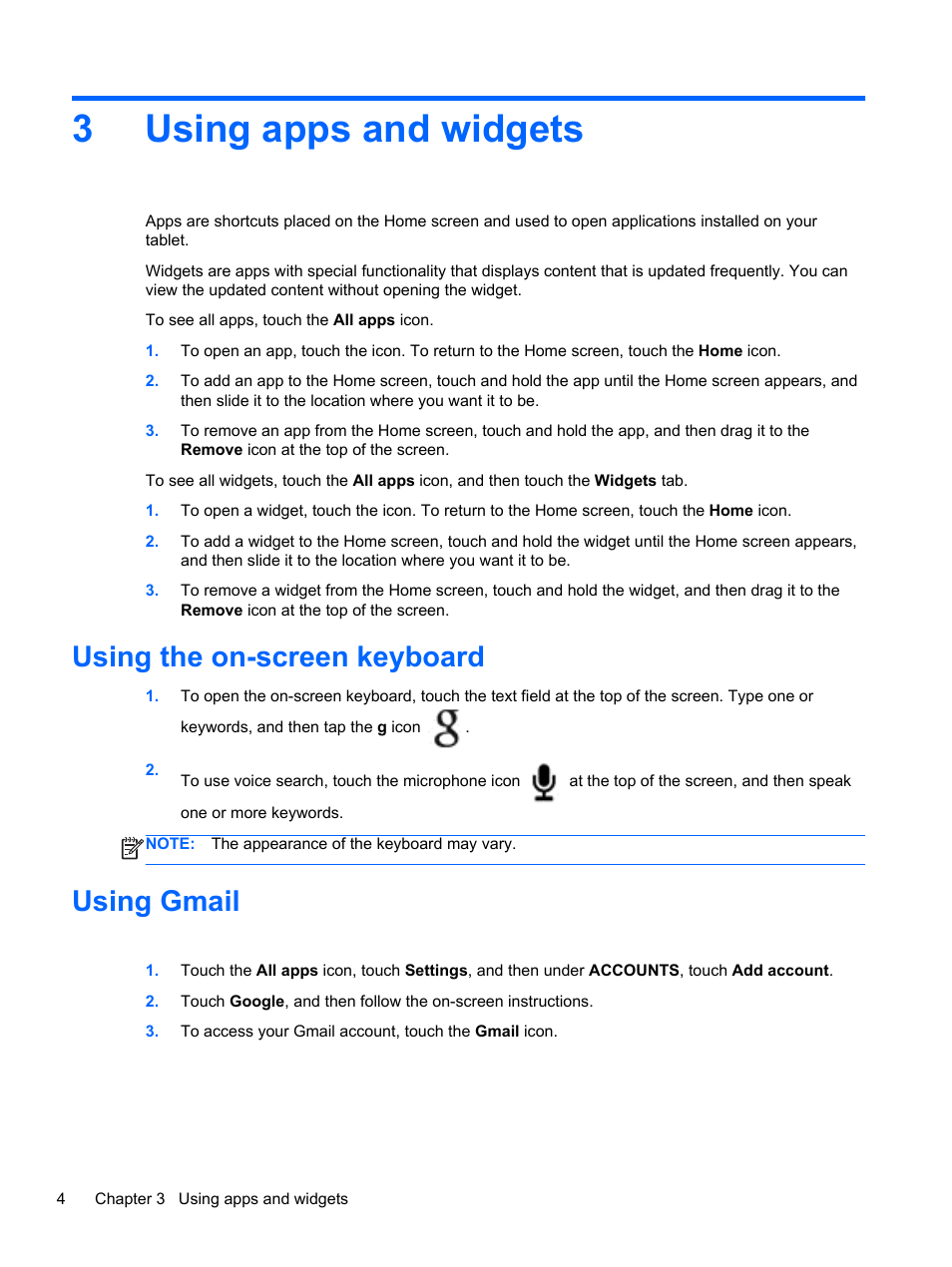 Using apps and widgets, Using the on-screen keyboard, Using gmail | 3 using apps and widgets, Using the on-screen keyboard using gmail, 3using apps and widgets | HP 7 1800 Tablet User Manual | Page 8 / 19