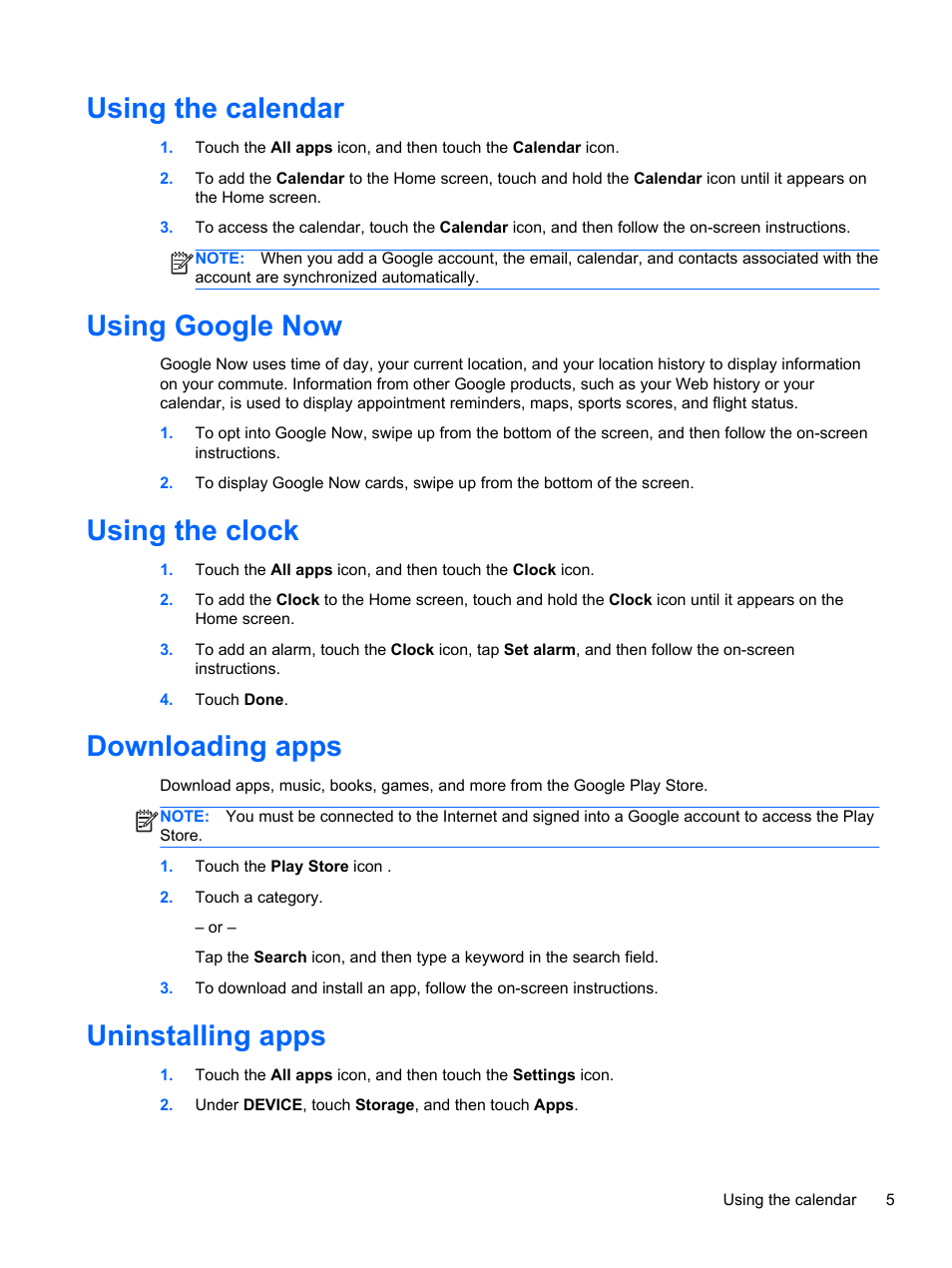 Using the calendar, Using google now, Using the clock | Downloading apps, Uninstalling apps | HP 7 1800 Tablet User Manual | Page 9 / 19