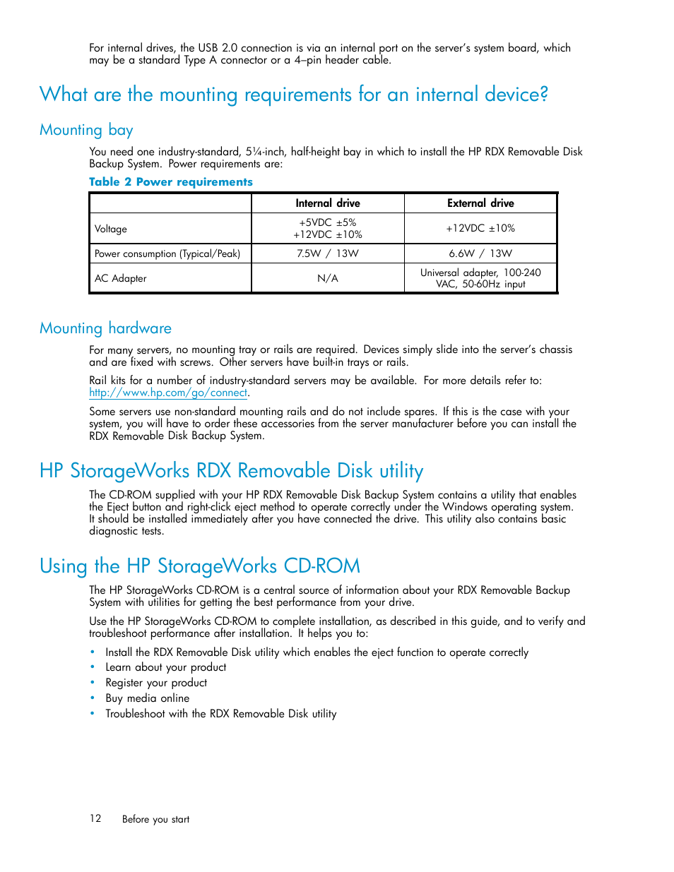 Mounting bay, Mounting hardware, Hp storageworks rdx removable disk utility | Using the hp storageworks cd-rom, 2 power requirements, Rdx removable disk utility | HP RDX Removable Disk Backup System User Manual | Page 12 / 38