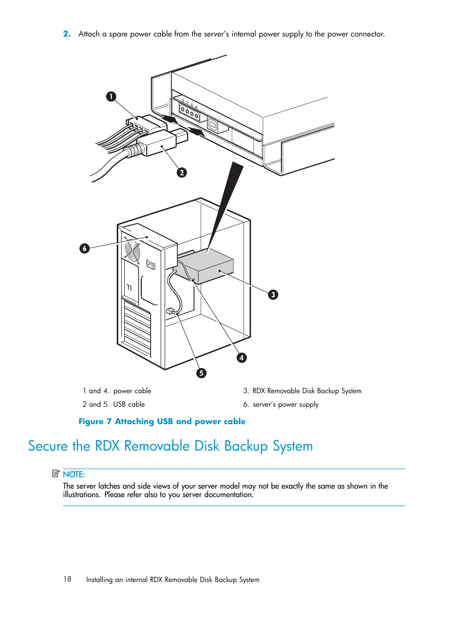 Secure the rdx removable disk backup system, Mounting hardware used (hp proliant), 7 attaching usb and power cable | HP RDX Removable Disk Backup System User Manual | Page 18 / 38