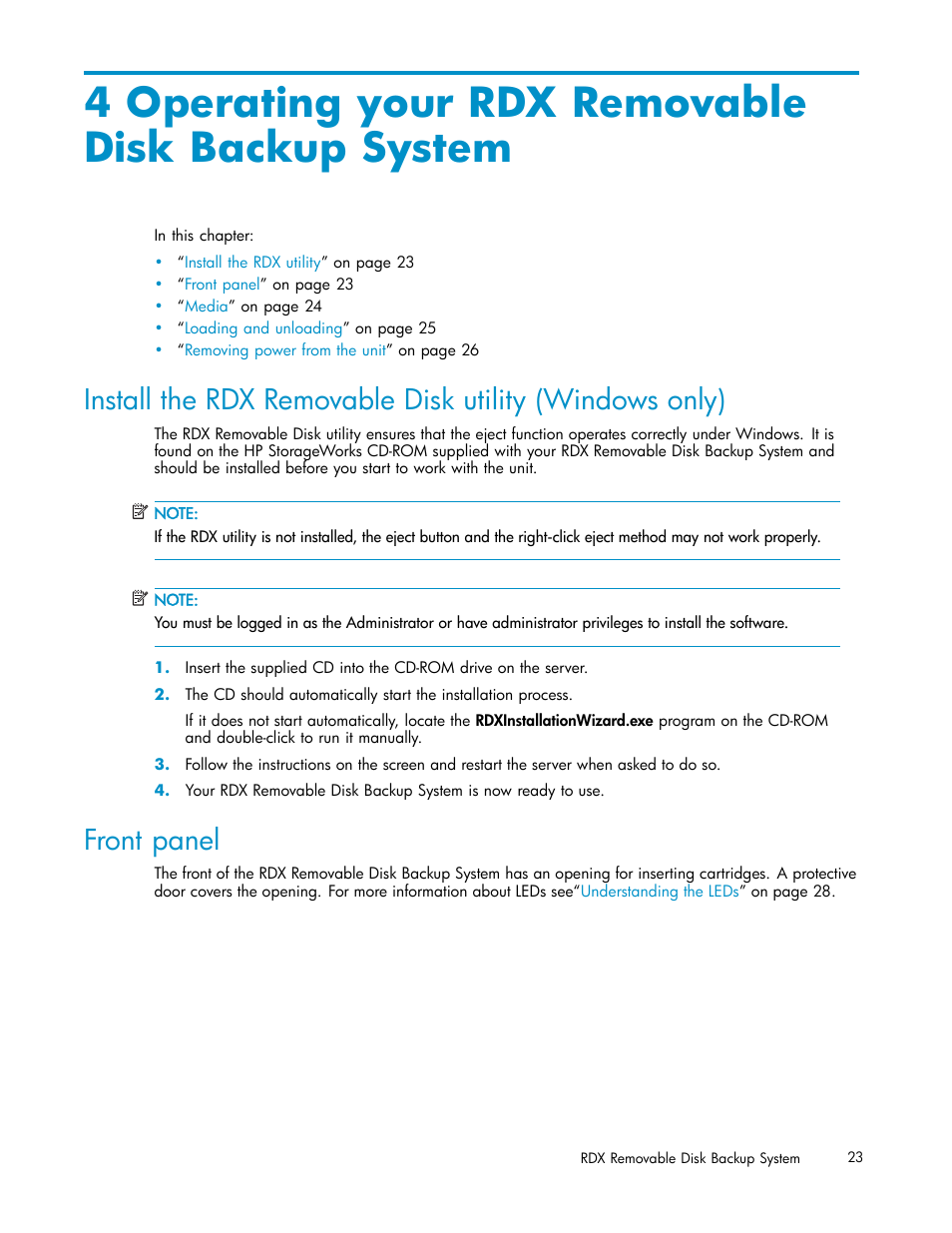 4 operating your rdx removabledisk backup system, Front panel, Media | 4 operating your rdx removable disk backup system | HP RDX Removable Disk Backup System User Manual | Page 23 / 38