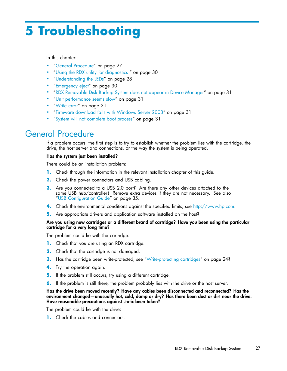 5 troubleshooting, General procedure, Understanding the | HP RDX Removable Disk Backup System User Manual | Page 27 / 38