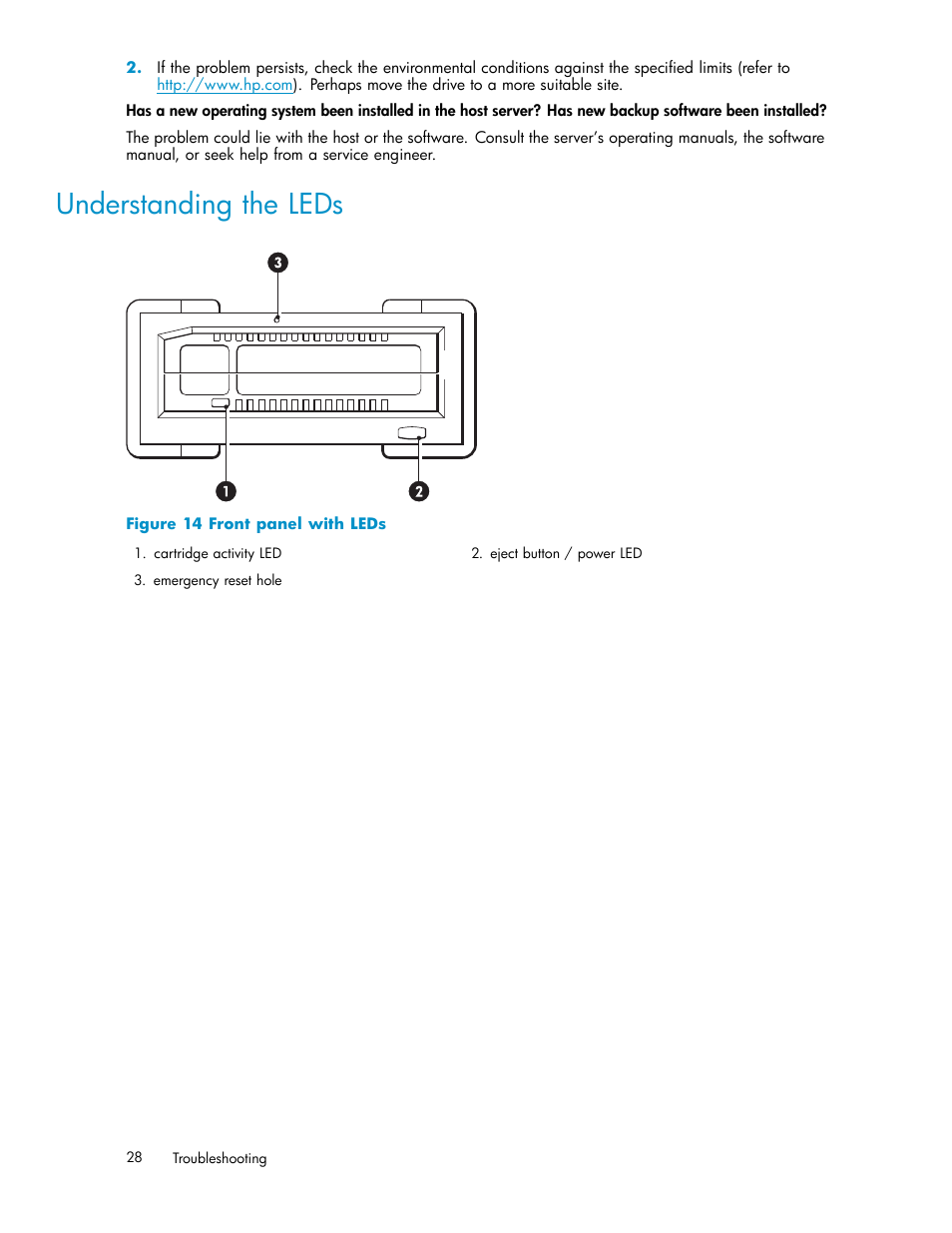 Understanding the leds, Power led, 14 front panel with leds | HP RDX Removable Disk Backup System User Manual | Page 28 / 38