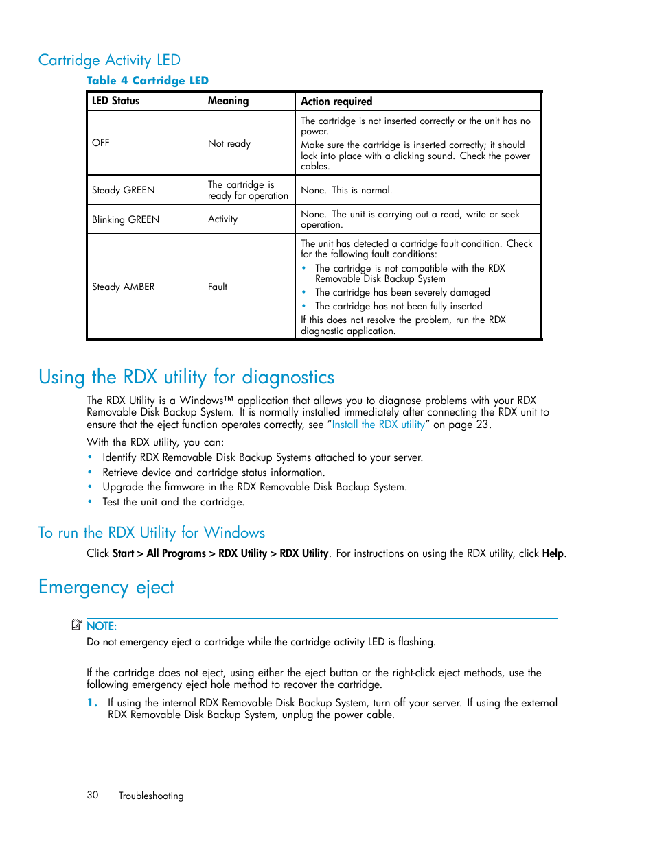 Cartridge activity led, Using the rdx utility for diagnostics, To run the rdx utility for windows | Emergency eject, G the rdx utility for dia, To run the rdx utility for windo, Rgency eject, The rdx remova, 4 cartridge led | HP RDX Removable Disk Backup System User Manual | Page 30 / 38