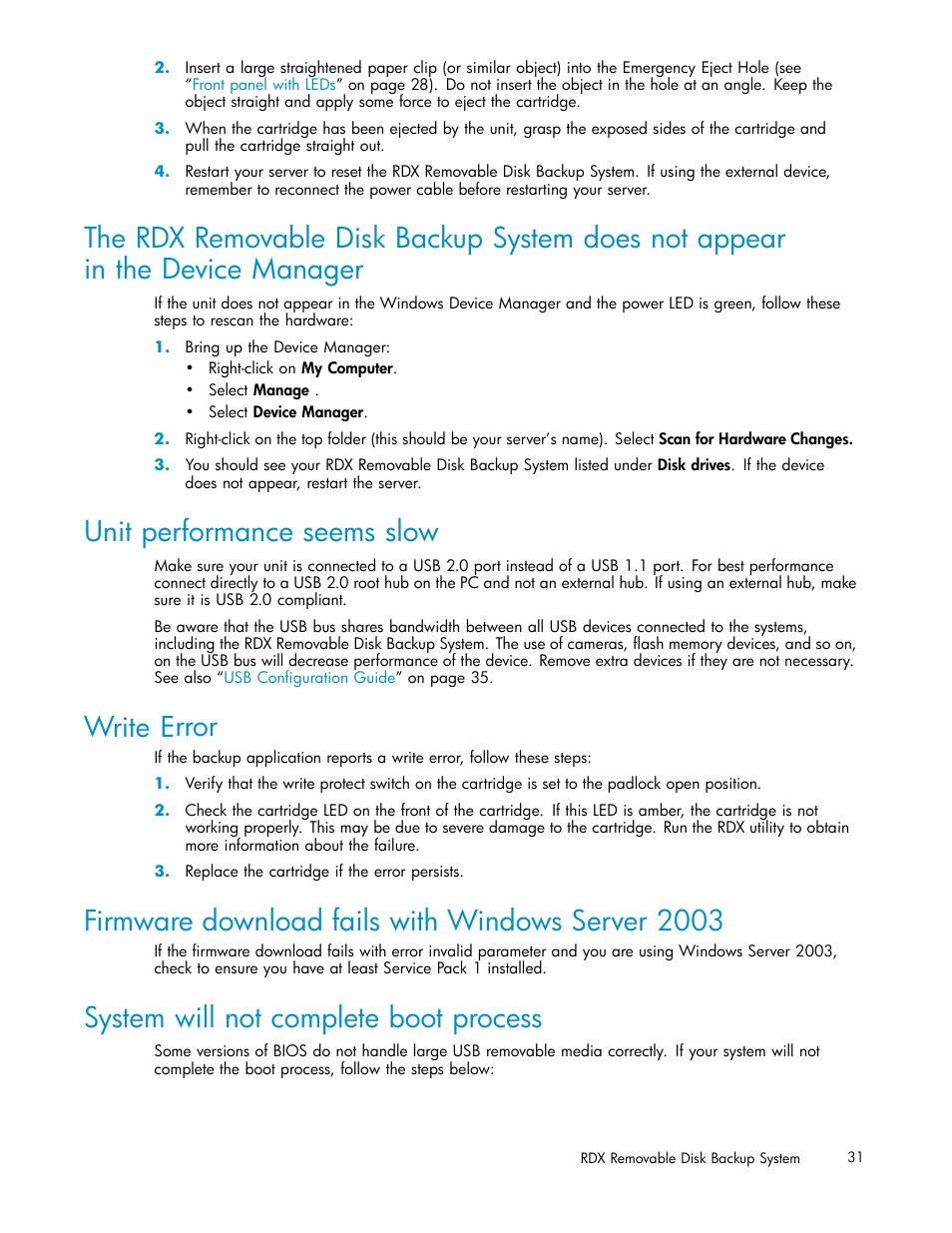 Unit performance seems slow, Write error, Firmware download fails with windows server 2003 | System will not complete boot process, Firmware d | HP RDX Removable Disk Backup System User Manual | Page 31 / 38