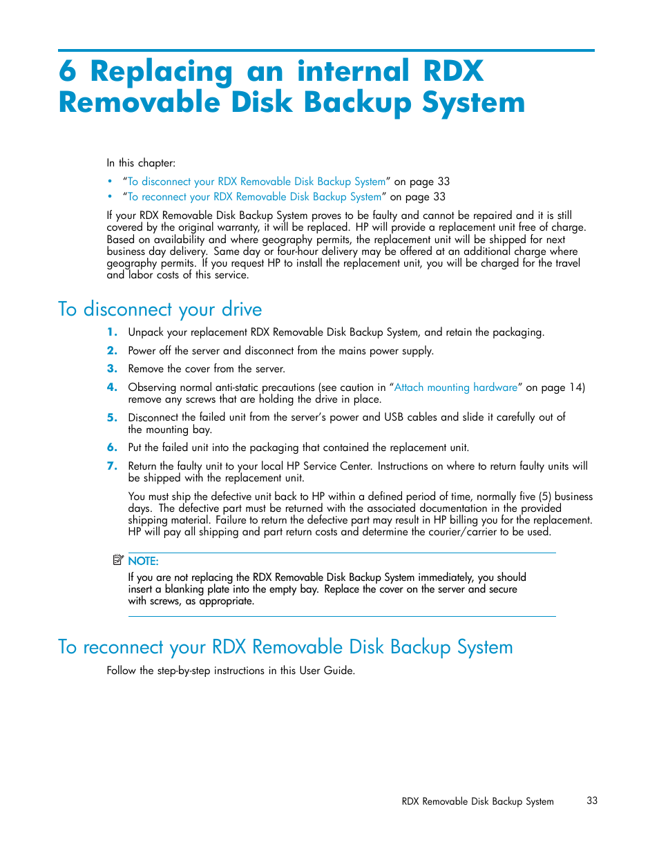 To disconnect your drive, To reconnect your rdx removable disk backup system, To reconnect your rdx r | HP RDX Removable Disk Backup System User Manual | Page 33 / 38