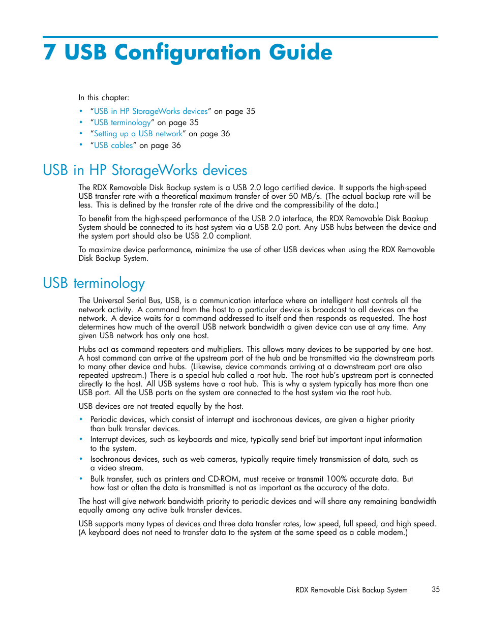 7 usb configuration guide, Usb terminology, Usb in hp storageworks devices | Setting up a usb, Usb configuration guide | HP RDX Removable Disk Backup System User Manual | Page 35 / 38