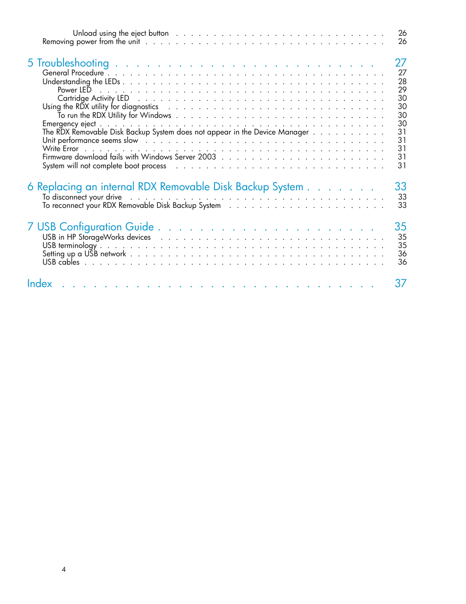 5 troubleshooting, 7 usb configuration guide, Index | HP RDX Removable Disk Backup System User Manual | Page 4 / 38