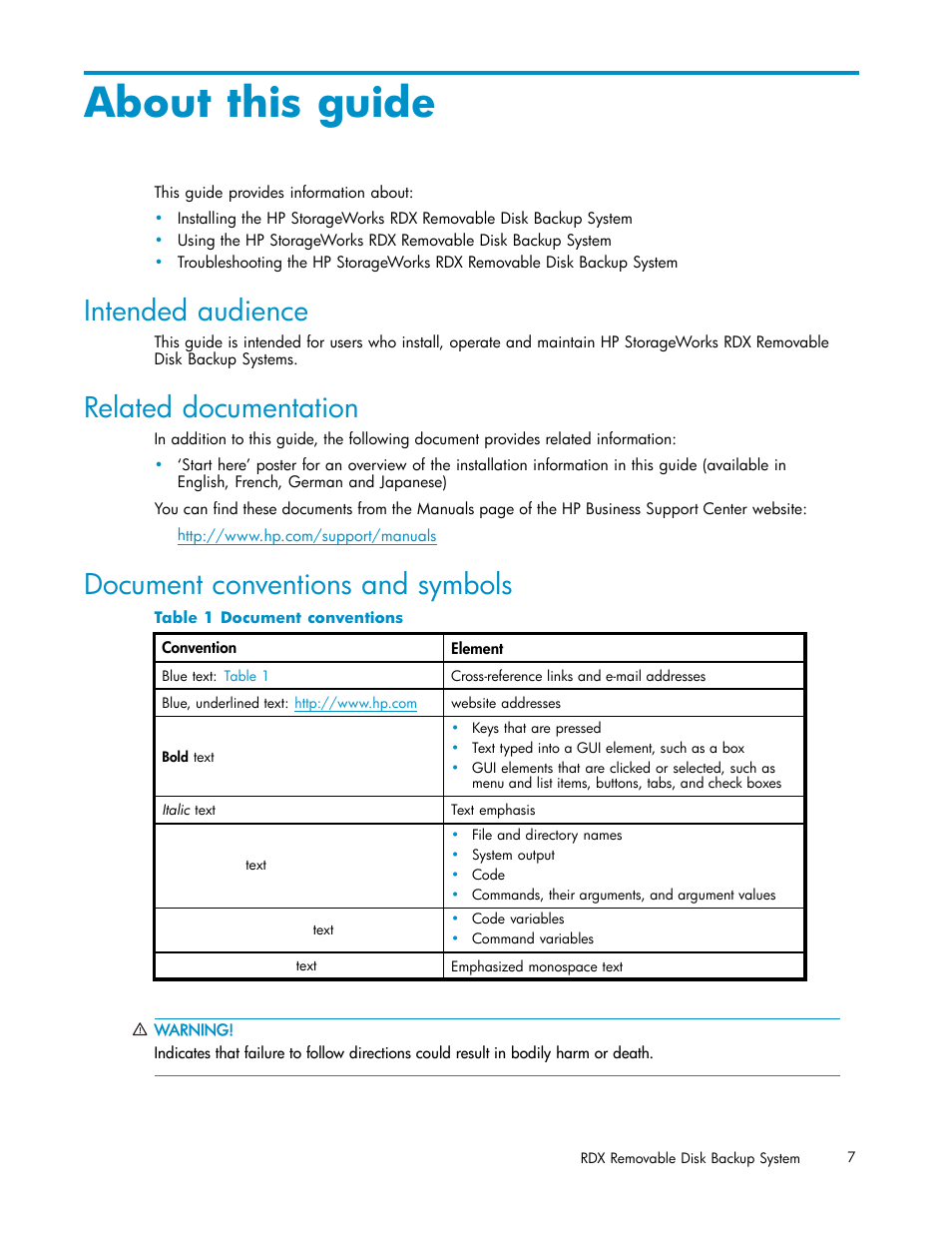 About this guide, Intended audience, Related documentation | Document conventions and symbols, 1 document conventions | HP RDX Removable Disk Backup System User Manual | Page 7 / 38