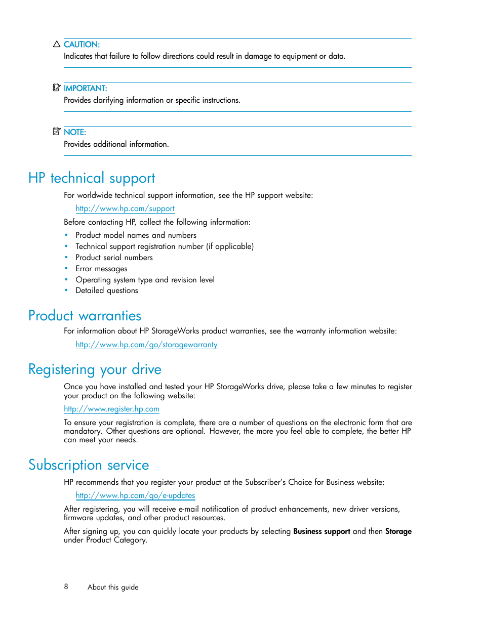 Hp technical support, Product warranties, Registering your drive | Subscription service | HP RDX Removable Disk Backup System User Manual | Page 8 / 38