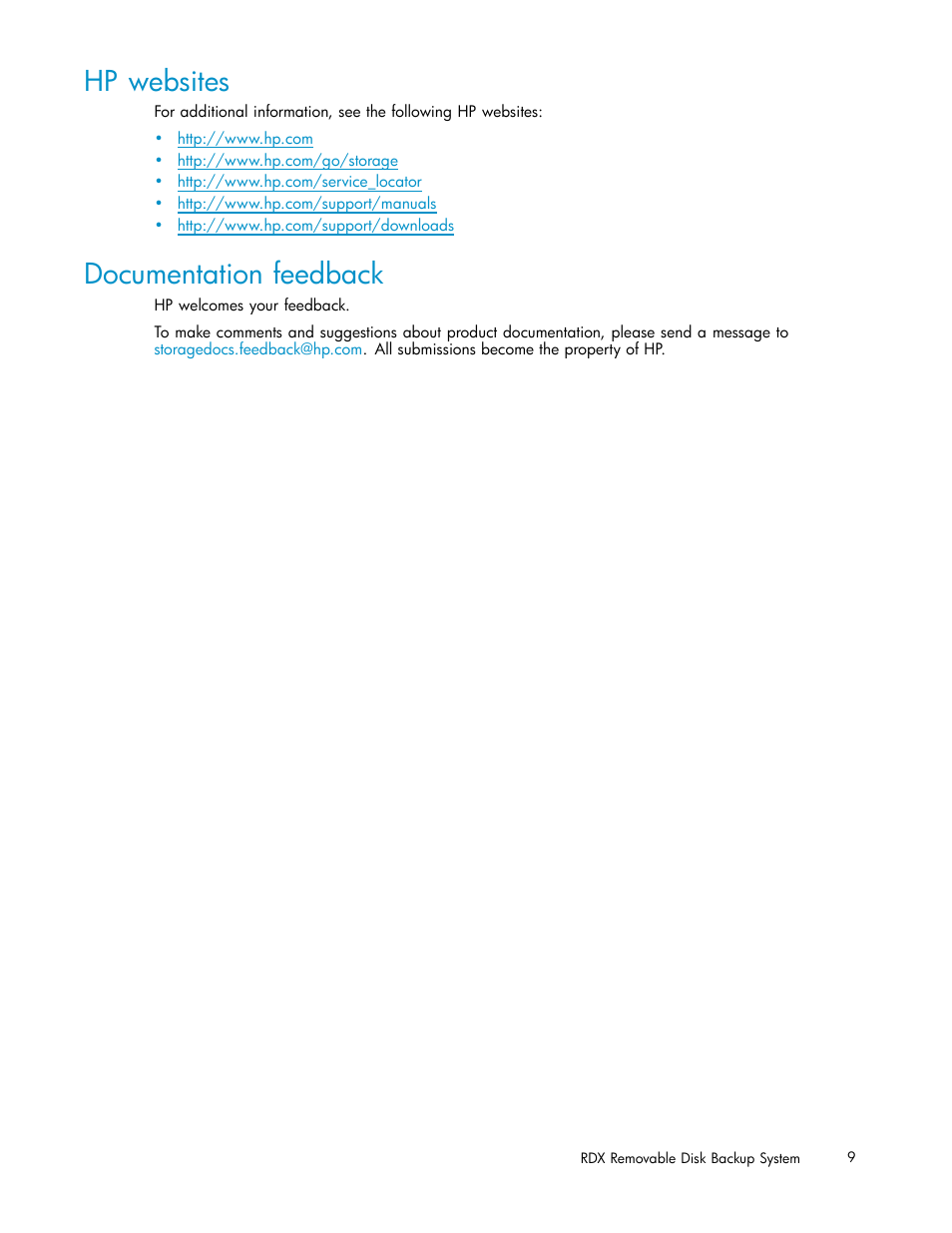 Hp websites, Documentation feedback | HP RDX Removable Disk Backup System User Manual | Page 9 / 38