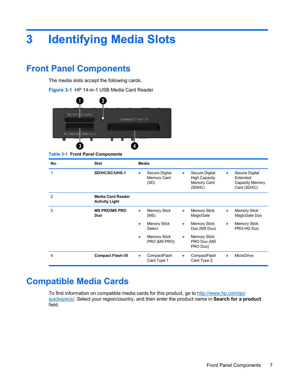 Identifying media slots, Front panel components, Compatible media cards | 3 identifying media slots, Front panel components compatible media cards, 3identifying media slots | HP 14-in-1 USB2.3 3.5 Media Card Reader User Manual | Page 13 / 15