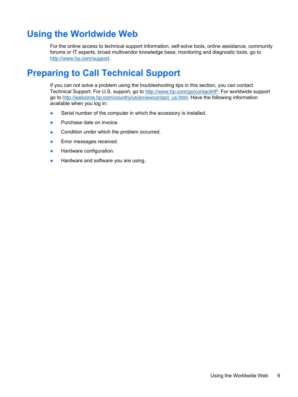 Using the worldwide web, Preparing to call technical support | HP 14-in-1 USB2.3 3.5 Media Card Reader User Manual | Page 15 / 15