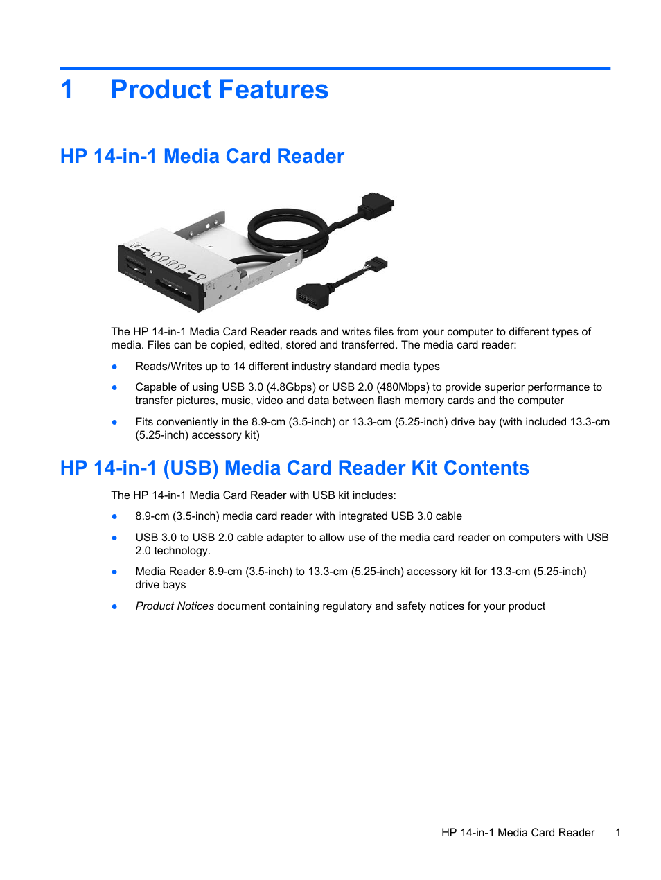 Product features, Hp 14-in-1 media card reader, Hp 14-in-1 (usb) media card reader kit contents | 1 product features, 1product features | HP 14-in-1 USB2.3 3.5 Media Card Reader User Manual | Page 7 / 15