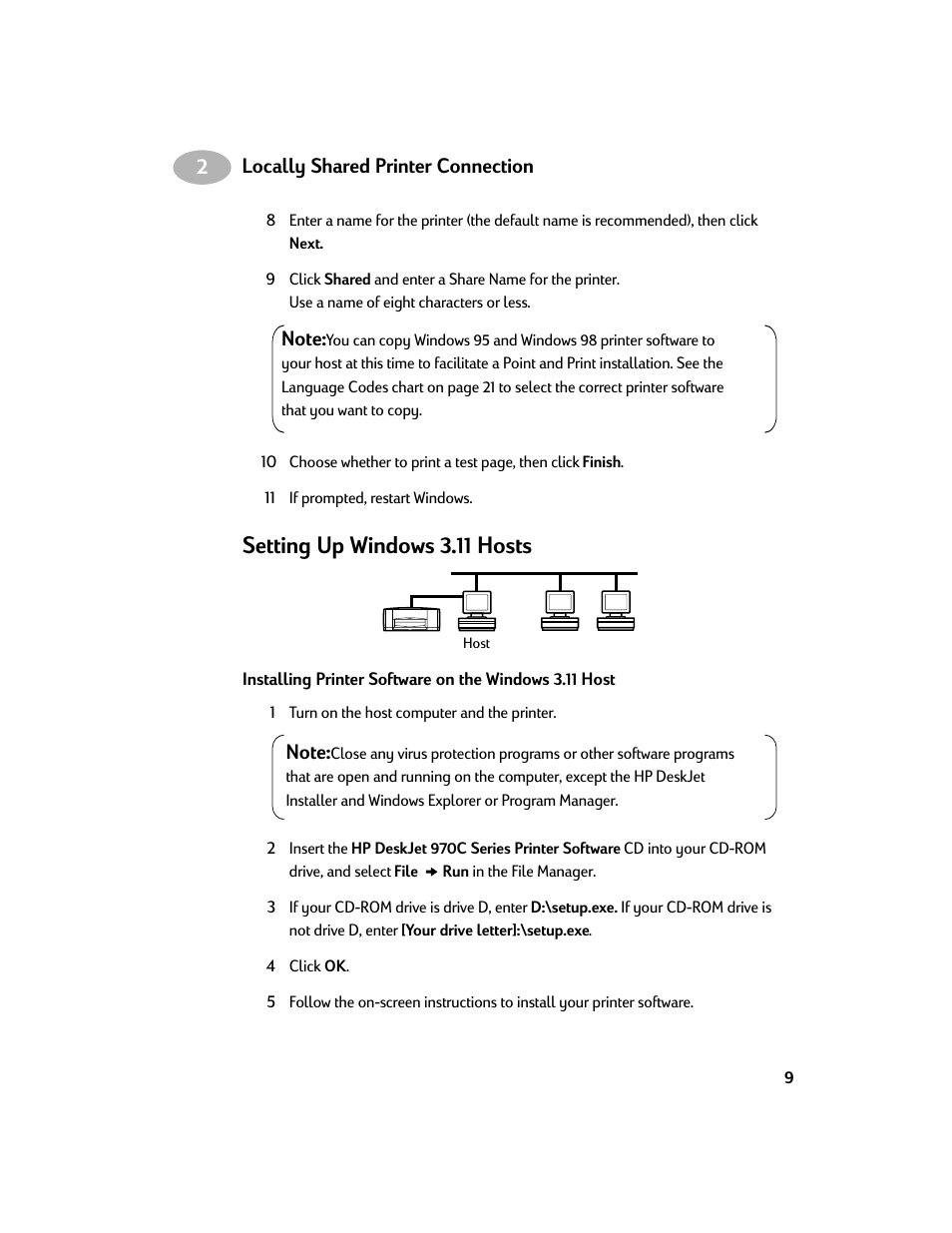 Setting up windows3.11 hosts, Setting up windows 3.11 hosts | HP Deskjet 970cxi Printer User Manual | Page 11 / 24