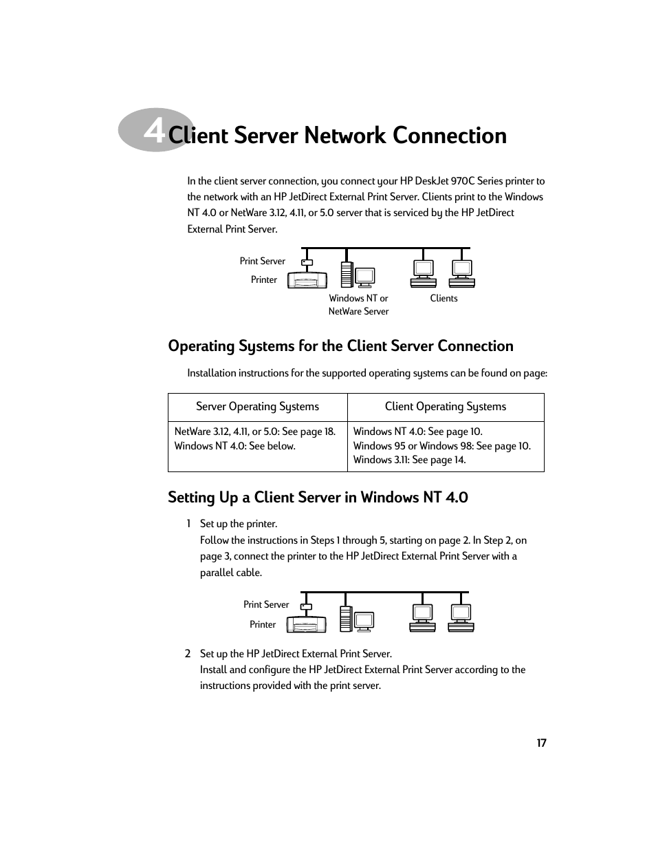 Client server network connection, Operating systems for the client server connection, Setting up a client server in windows nt 4.0 | HP Deskjet 970cxi Printer User Manual | Page 19 / 24