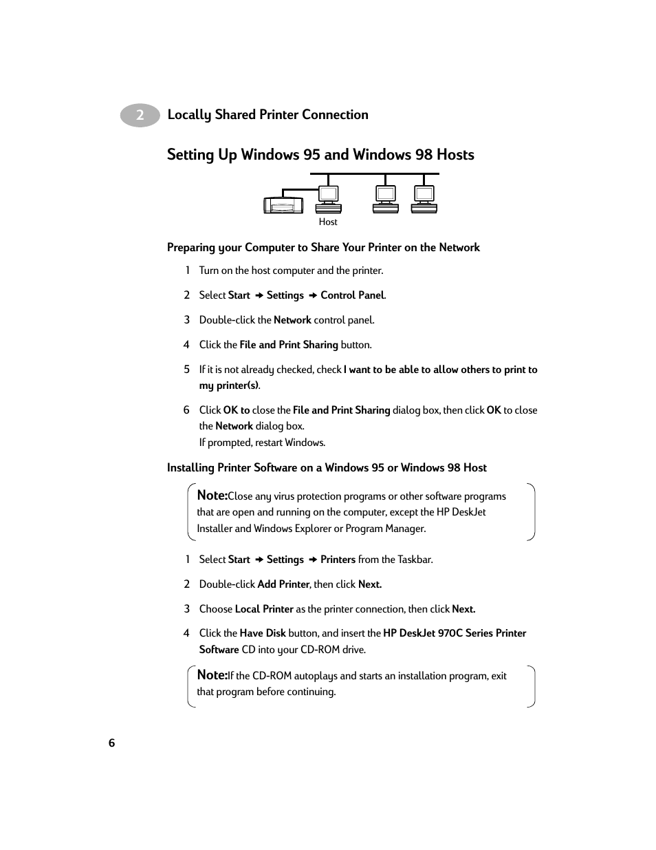 Setting up windows 95 and windows 98 hosts, Locally shared printer connection | HP Deskjet 970cxi Printer User Manual | Page 8 / 24