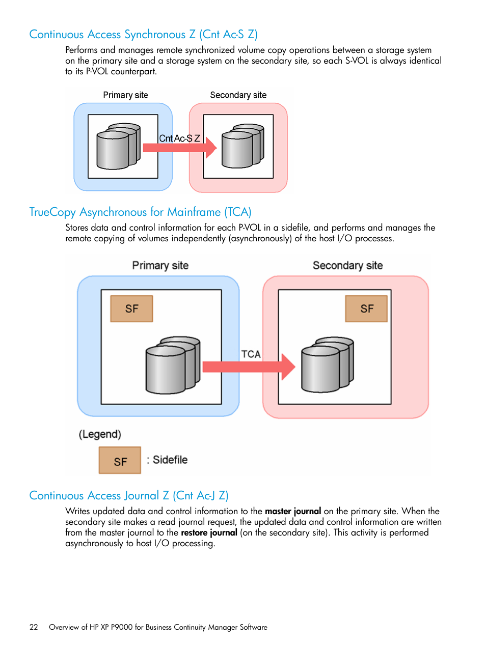 Continuous access synchronous z (cnt ac-s z), Truecopy asynchronous for mainframe (tca), Continuous access journal z (cnt ac-j z) | HP XP P9500 Storage User Manual | Page 22 / 701